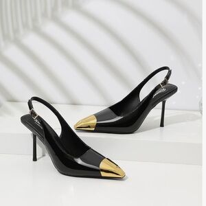 Elegant Black and Gold Slingback Heels